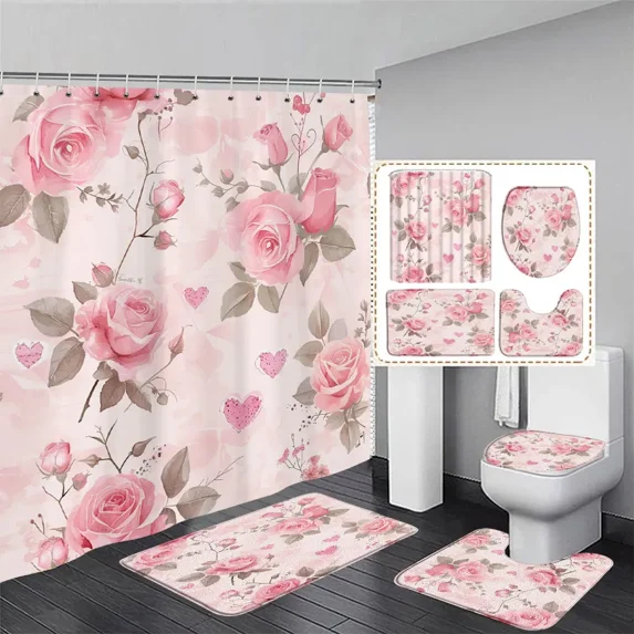 Beautiful Rose Floral Shower Curtain and Rug Bathroom Set Pink Purple Blue Rose Flower Shower Curtain Bath Mat Bathroom r