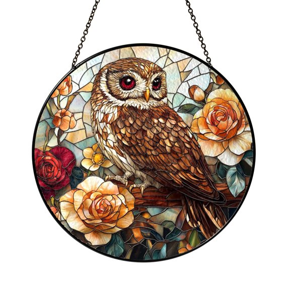 Beautiful Ruby Little Owl and Blooming Roses Window Suncatcher Decor