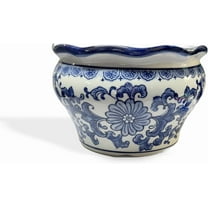 Beautiful Ruffel Scalloped Top Oriental Flowers & Vine Blue & White Ceramic belly Shaped Planter