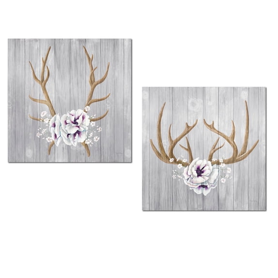 Beautiful Rustic Antlers and Purple Poppy Set by Elyse De Neige; Two 12x12in Unframed Paper Posters (Printed On Paper, Not Wood)