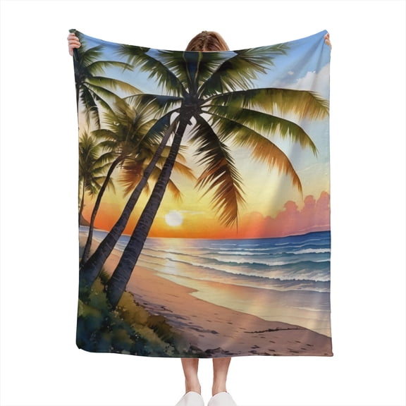 Beautiful Sandy Ocean Beach Relaxed Tidal Waves Palm Tree Sunset Design Lightweight 50x60 Throw Blanket for Sofas, Home Decor, Travel, Lounging