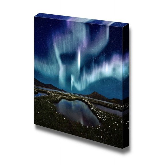 Beautiful Scenery Landscape The Northern Light Over The Marsh Landscape with Wildflowers in Landmannarlaugar Iceland - Canvas Art Wall Art - 24" x 24"