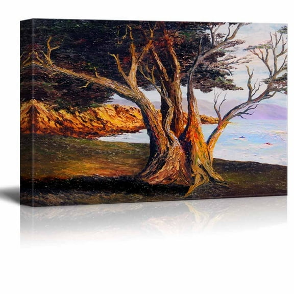 Beautiful Scenery Landscape of Old Tree by The Sea in Oil Painting Style - Canvas Art Wall Art - 12" x 18"