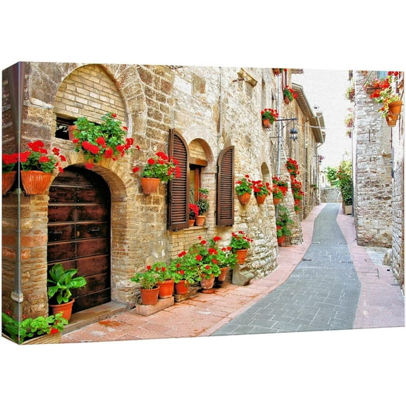 Beautiful Scenery Landscape of Picturesque Lane with Flowers in an Italian Hill Town - Canvas Art Wall Art - 32" x 48"
