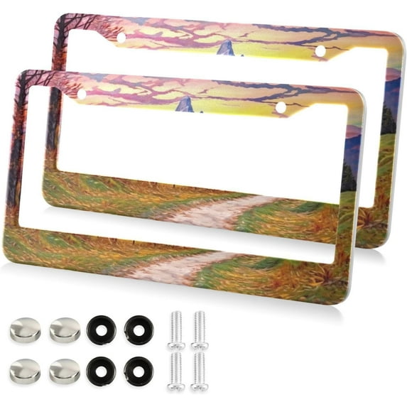 Beautiful Scenery License Plate Frame, Aluminum Car Tag Frames, 2 Pack Universal Car License Plate Covers with 2 Holes and Screws Decorative