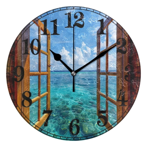 Beautiful Sea Outside Window Silent Wall Clock 10" Non-Ticking Battery Clock