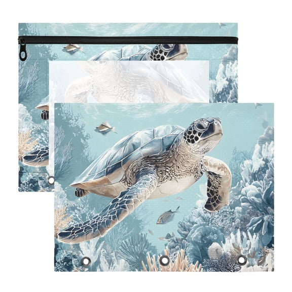 Beautiful Sea Turtle Corals Pastel 3-Ring Binder Pouches A4 Size Zipper Pocket File Storage 2 Packs