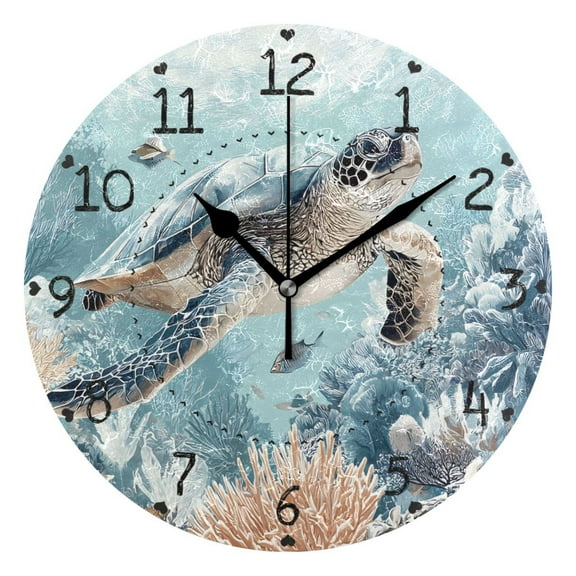 Beautiful Sea Turtle Corals Pastel Round Wall Clock Silent Analog Battery Operated Black Pointer Home Decor 9.84" Diameter