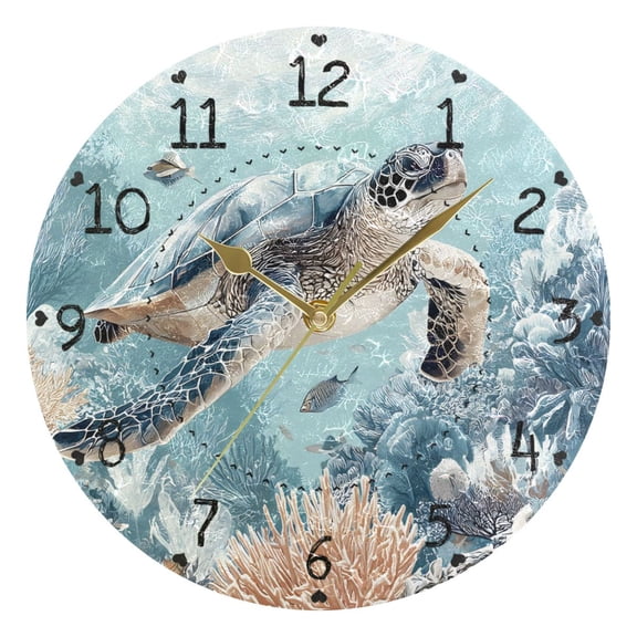 Beautiful Sea Turtle Corals Pastel Round Wall Clock Silent Analog Battery Operated Gold Pointer Home Decor 9.84" Diameter