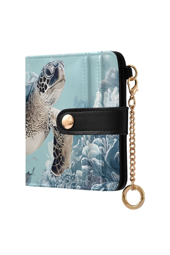 Beautiful Sea Turtle Corals Pastel Women's Wallet PU Leather Card Cases RFID Blocking Purse Billfold with Key Ring