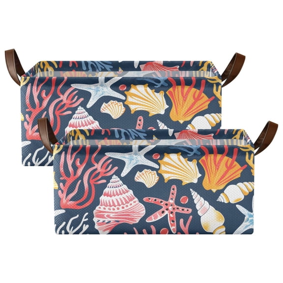 Beautiful Seashells Corals Starfishes 2 Pcs Collapsible Storage Bins Fabric Shelf Baskets with Handles 16.9"x11.4"x7.7" Closet Organizer