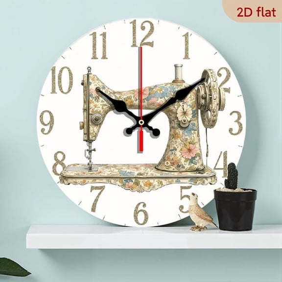 Beautiful Sewing Machine MDF Wood 10in Round Wall Clock, Silent Non-Ticking Battery Operated, Bedroom Living Room Office Home Decor Art, Excellent New Year Gift Choice
