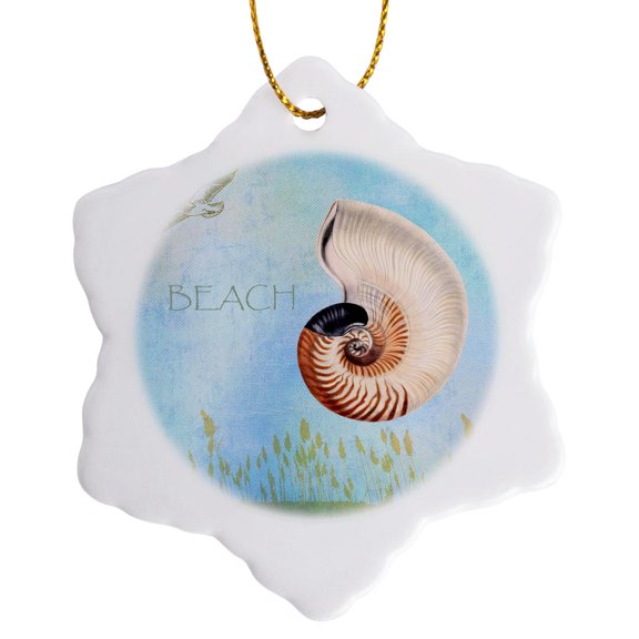 3drose, Beautiful Shell Aqua Beach Theme Art, 3 inch Snowflake Porcelain Ornament