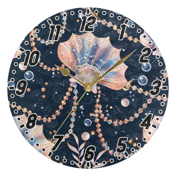 Beautiful Shell Necklaces Round Wall Clock Battery Operated Silent Non-Ticking Bedroom Office Kitchen Home School Decor 10"(Gold)