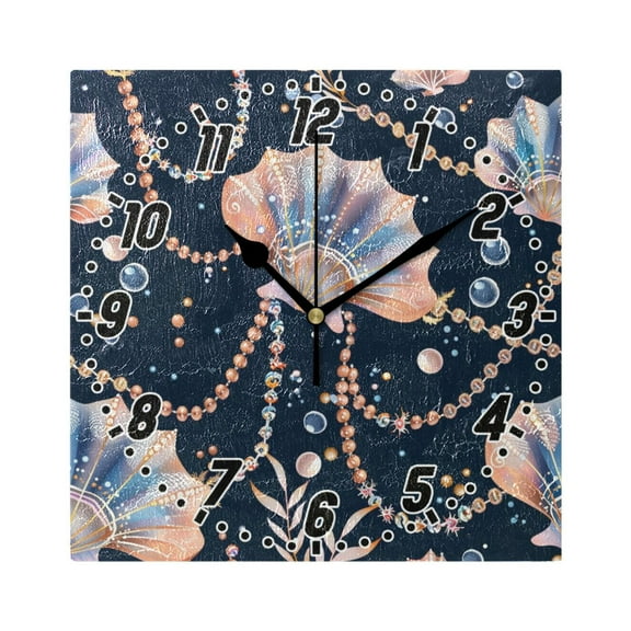 Beautiful Shell Necklaces Wall Clock Battery Operated Silent Non-Ticking Bedroom Office Kitchen Home School Decor 7.8"(Black)