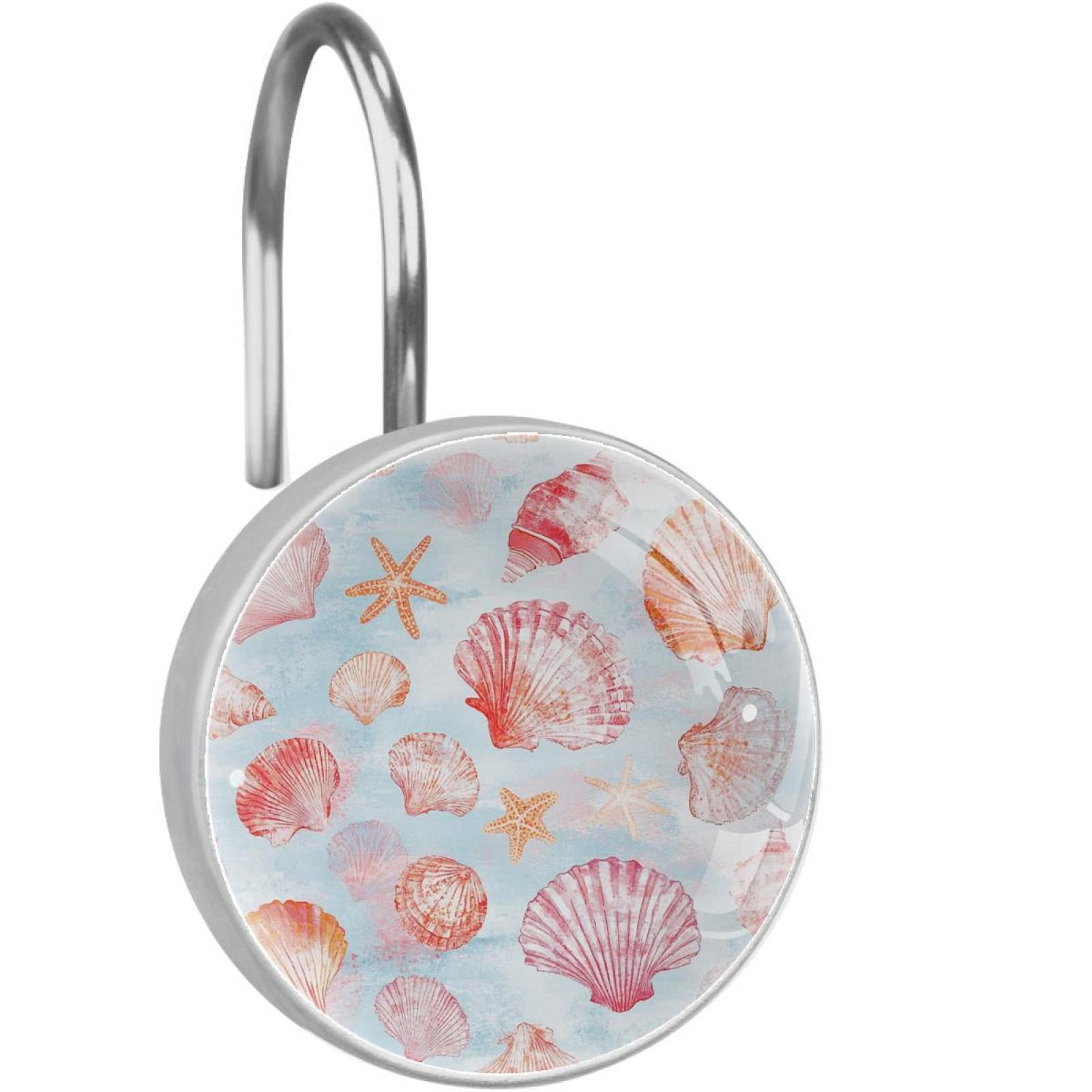 Beautiful Shells Shower Curtain Hooks Round Crystal Glass, Set of 12 Shower Curtain Rings - Shower Hooks for Curtain Shower Rings