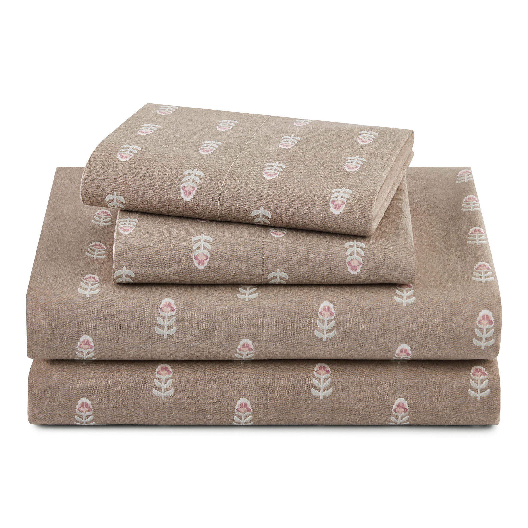 Beautiful Signature Floral 3-Piece 100% Cotton Percale Fawn Sheet Set ...