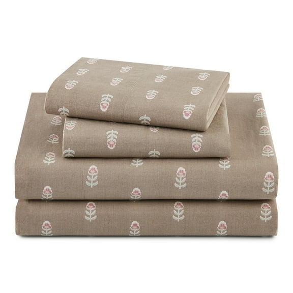 Beautiful Signature Floral 4-Piece 100% Cotton Washed Percale Fawn Sheet Set, King by Drew Barrymore