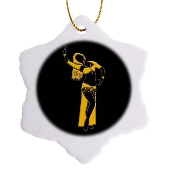 3drose, Beautiful Silhouette of a Belly-dancer Yellow on Black, 3 inch Snowflake Porcelain Ornament