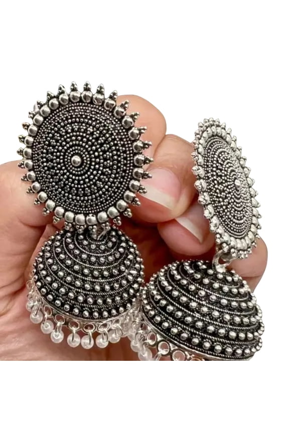 Beautiful Silver-Tone Jhumka Earrings for Women with Carved Dome and Bead Danglers, Great for Weddings and Cultural Events