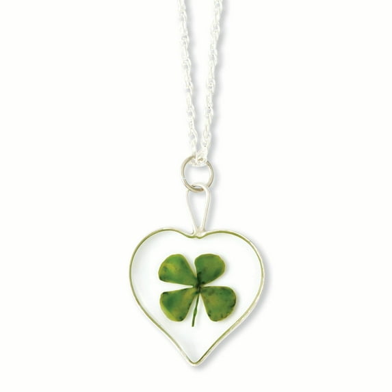 Beautiful Silver Trim Four Leaf Clover Heart w/ Silver-plated Chain