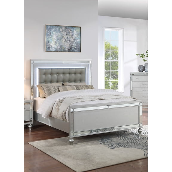 Beautiful Silver Tufted Faux Leather King Size Bed w LED Lights 1pc Panel Bedframe Bedroom