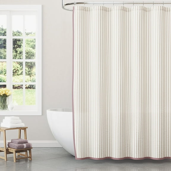 Beautiful Skinny Stripe Porcini Taupe Rose Pink Shower Curtain by Drew Barrymore, 72" x 72"