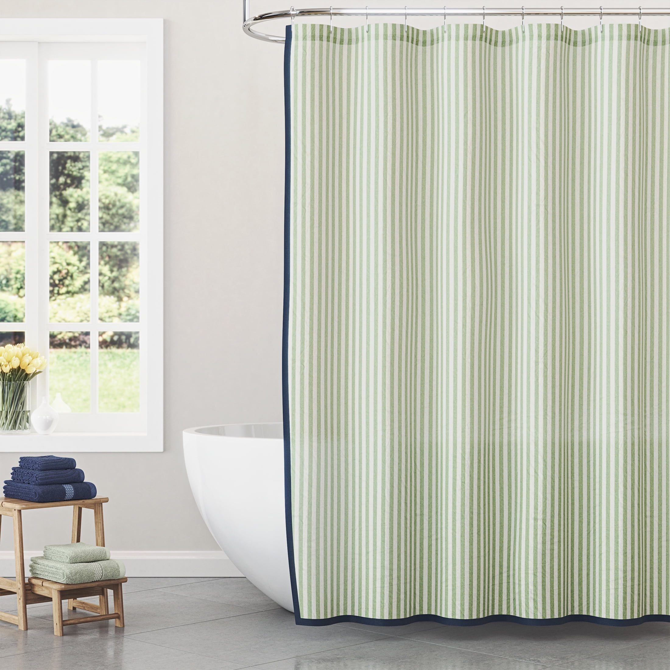 Beautiful Skinny Stripe Sage Green + Nightshadow Blue Shower Curtain by Drew Barrymore, 72" x 72"