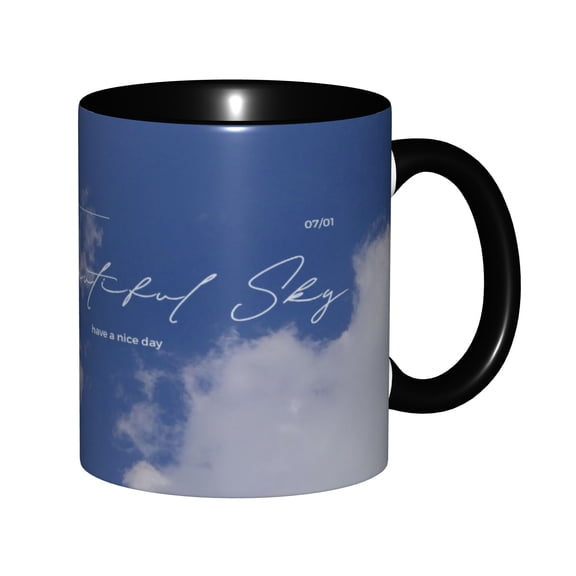 Beautiful Sky Handwritten Script Clear Blue Mountain Sky Ceramic Mug 11oz, Soft White Cloud Calm Aesthetic Daily Vibe Cup, Microwave Safe Gift for Sky & Minimalist Typography Lovers