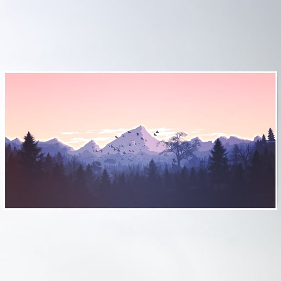 Beautiful Snow Mountain Sky Forest Sunset Scene Vector Graphic Poster Wall Art, Modern Wall Decor, 8x12 UNFRAMED