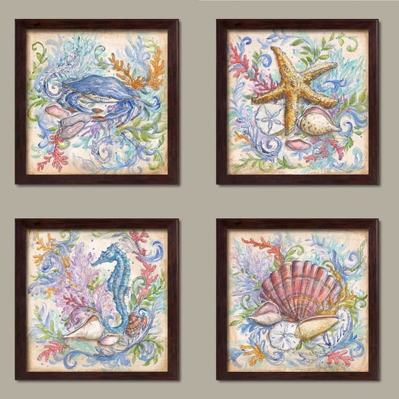 Beautiful Soft Colorful Under the Ocean Set; Crab Starfish Seahorse Seashell; Coastal Decor, Four 12 by 12-Inch Brown Framed Prints Ready to hang!