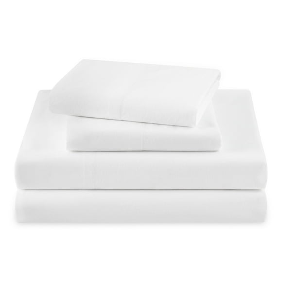 Beautiful Solid 4-Piece 100% Cotton Washed Percale White Sheet Set, Queen by Drew Barrymore