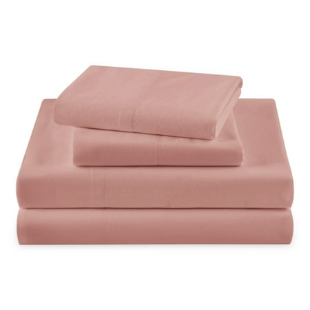Beautiful Solid 4-Piece 100% Cotton Washed Percale Woodrose Sheet Set, Queen by Drew Barrymore
