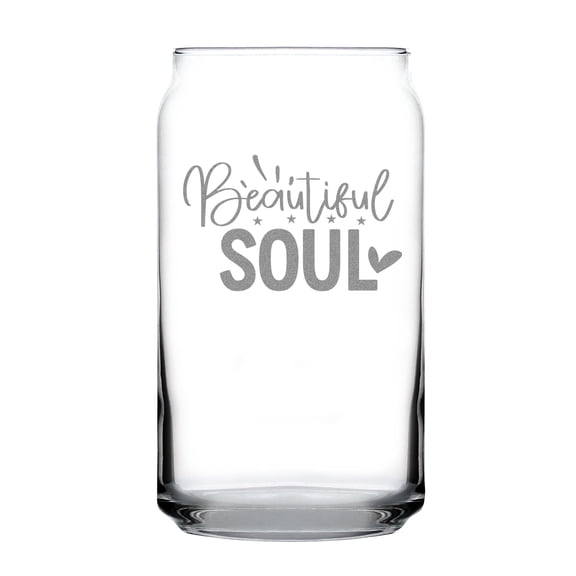 Beautiful Soul Design 16oz Can-Shaped Pint Glass, Hand Engraved , Etched Inspirational Drinkware, Unique Beer Glass