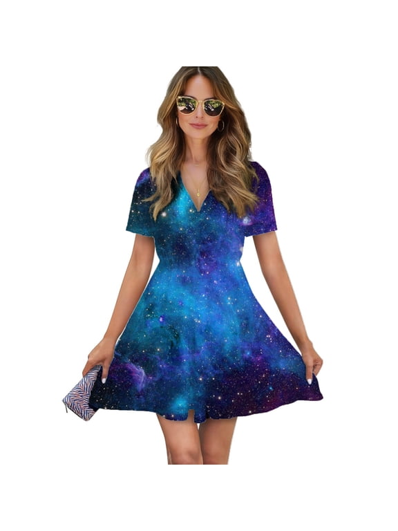 Beautiful Space, Stars, Planets, Cosmos Women Dress V-Neck Short Sleeve Flowy Swing Party Midi Dress