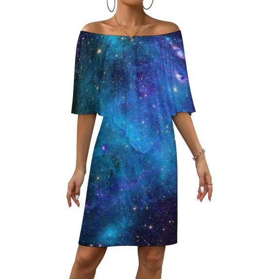 Beautiful Space, Stars, Planets, Cosmos Women's Off The Shoulder Ruffles Summer Wedding Guest Loose Casual Party Beach Dress