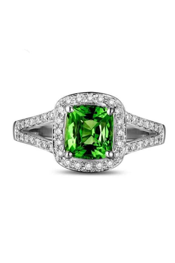 Beautiful Spilt Shank 2.05 Carat Green Emerald 7mm Cushion Cut Moissanite Diamond Halo Engagement Ring in 10k White Gold