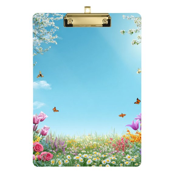 Beautiful Spring Scene Flowers Butterflies Acrylic Clipboard Drawing Board with Hook Writing Pad File Storage A4 Size Gold 12.5" x 9"