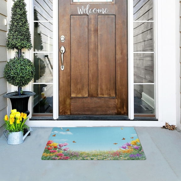 Beautiful Spring Scene Flowers Butterflies Doormats Welcome Mats Gate Pads Entryway Outdoor 32" x 20"