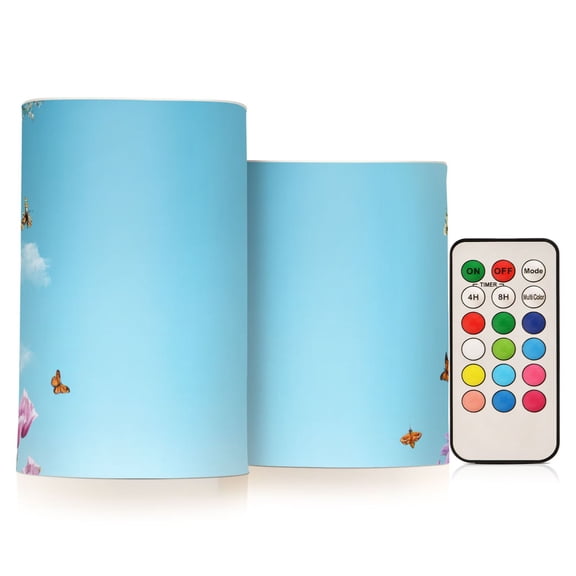 Beautiful Spring Scene Flowers Butterflies Flickering Flameless Candles LED Tealight Battery Operated with Remote Set of 2 Holiday Decor Ornaments