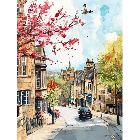 Beautiful Spring Street Scene Watercolor Painting/Canvas Print Suitable for Living Room Bedroom Office Hallway and Dining Room Decoration.