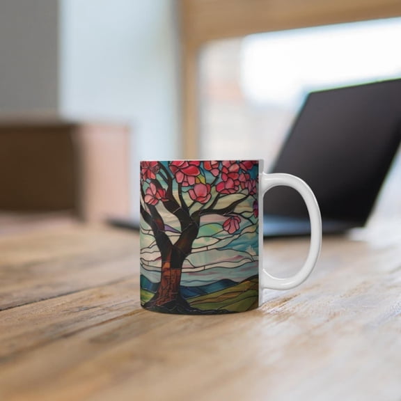 Beautiful Stained Gl Style anese Sakura in Valley Ceramic Mug, Pretty ry Tree Scenery Coffee Cup, Pink Bms Mug, Nature Lover.