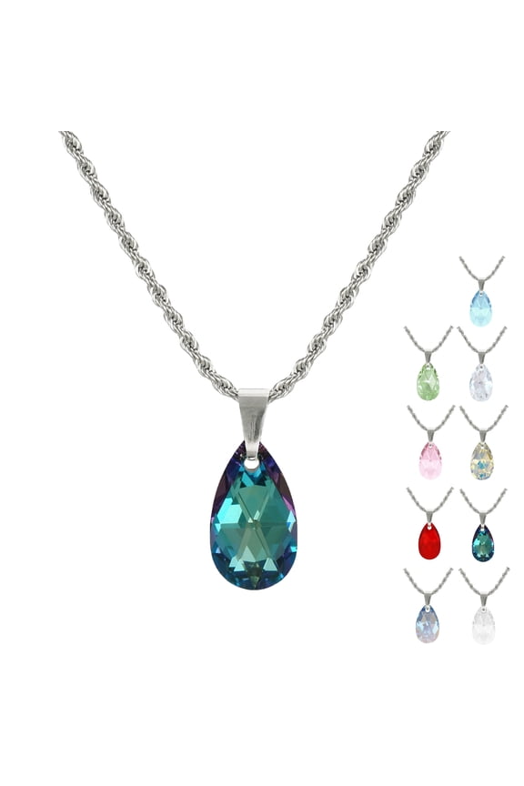 Beautiful Stainless Steel Rope Chain with 22mm Austrian Crystal Teardrop– 19 ½ inches- Bermuda Blue AB