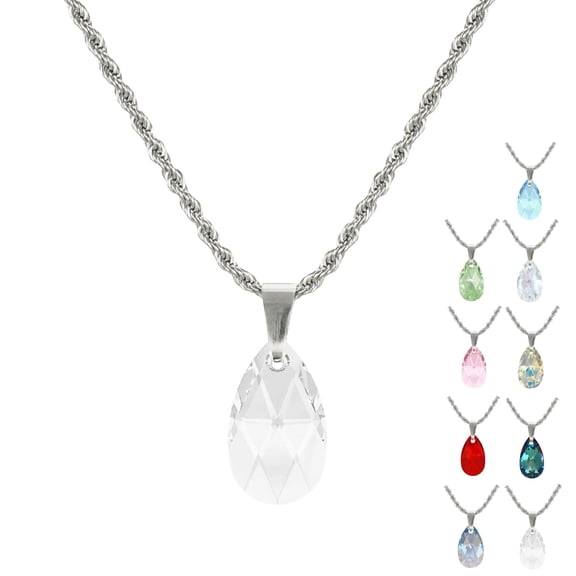 Beautiful Stainless Steel Rope Chain with 22mm Austrian Crystal Teardrop– 19 ½ inches- Clear