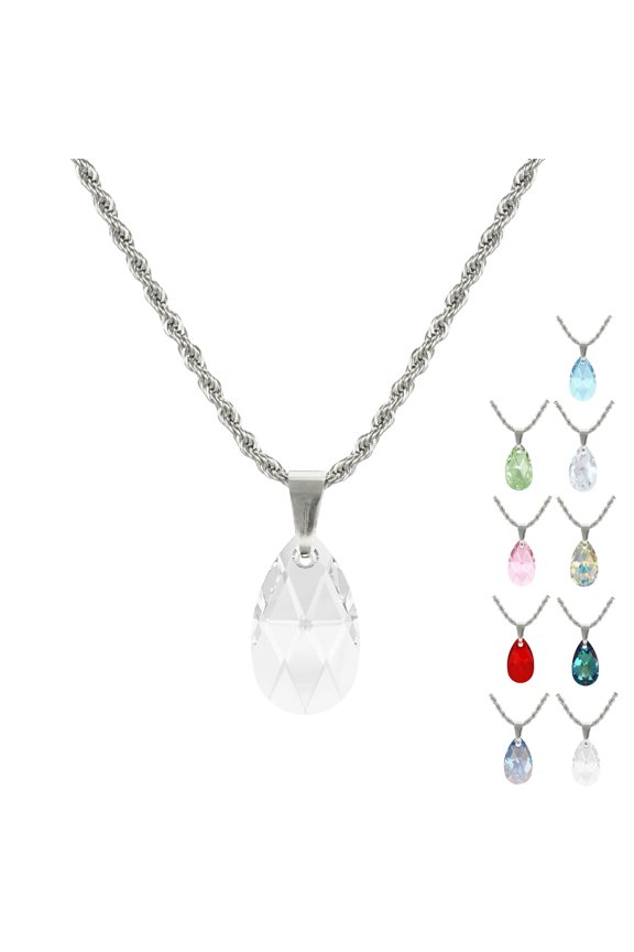 Beautiful Stainless Steel Rope Chain with 22mm Austrian Crystal Teardrop– 19 ½ inches- Clear