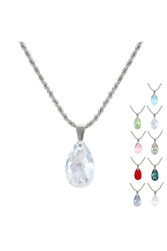 Beautiful Stainless Steel Rope Chain with 22mm Austrian Crystal Teardrop– 19 ½ inches- Faintest Pale Blue AB