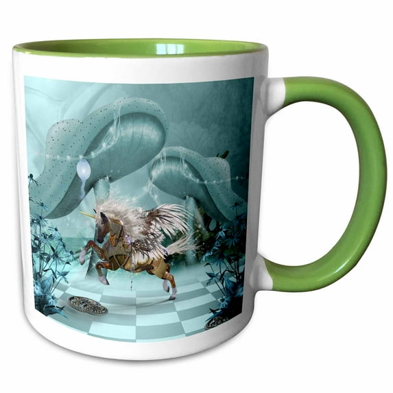 3drose, Beautiful Steampunk Unicorn in a Fantasy World, 11oz Two-tone Green Mug