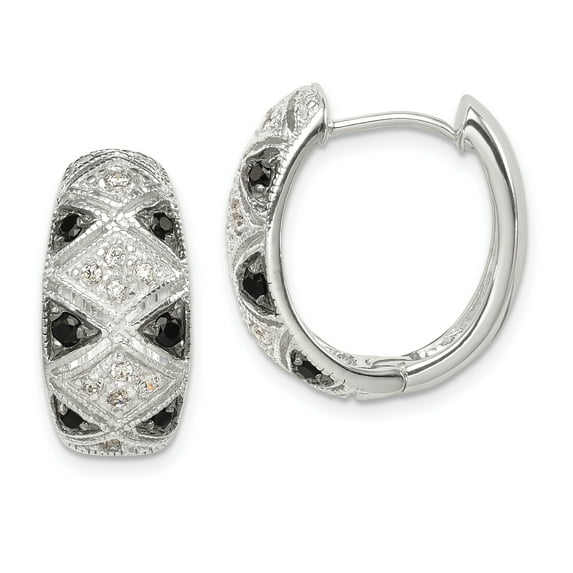 Beautiful Sterling Silver Black and Clear CZ Hinged Hoop Earrings