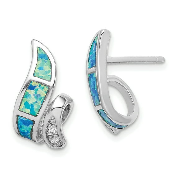 Beautiful Sterling Silver CZ Blue Inlay Created Opal Twisted Earrings