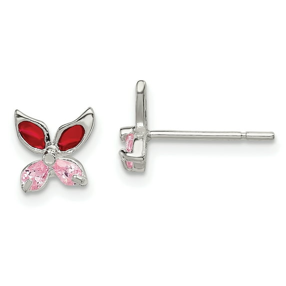 Beautiful Sterling Silver Pink CZ Enameled Butterfly Post Earrings